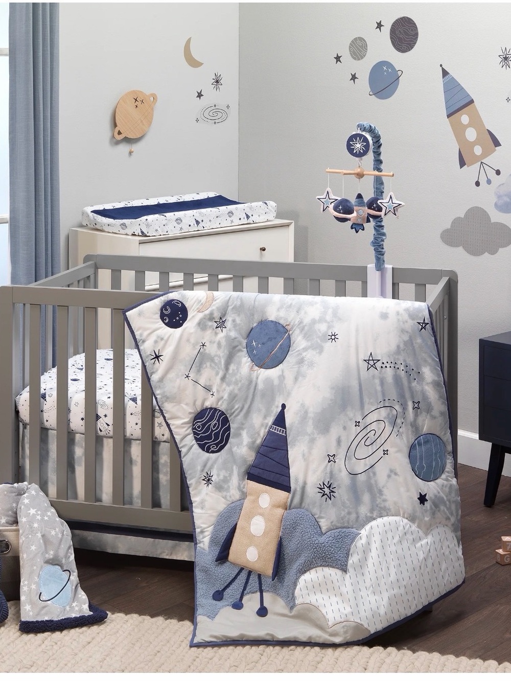 Brand new Lambs & Ivy Sky Rocket 5-Piece Blue Galaxy Baby Crib Bedding Set